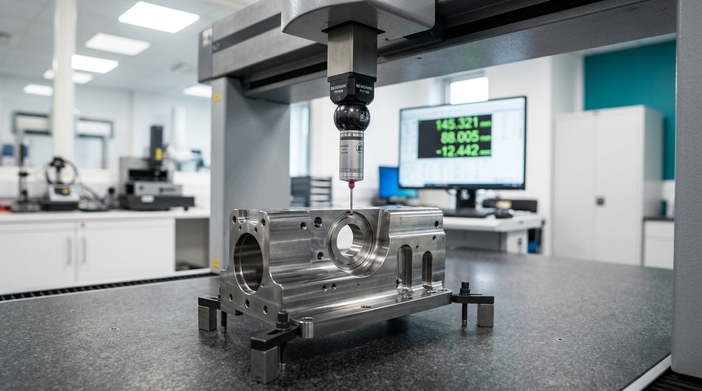 CMM probe inspecting a machined part