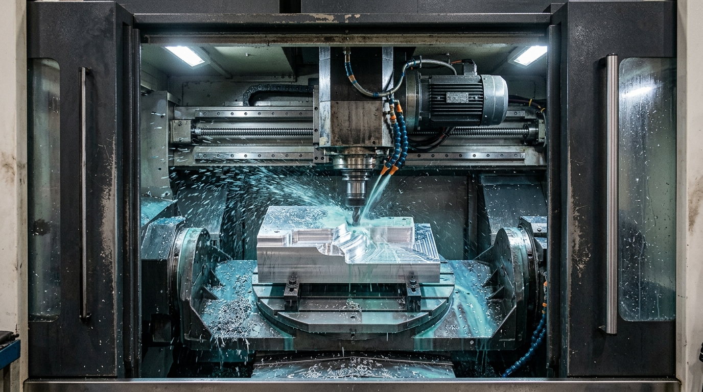 CNC mill cutting an aluminum component