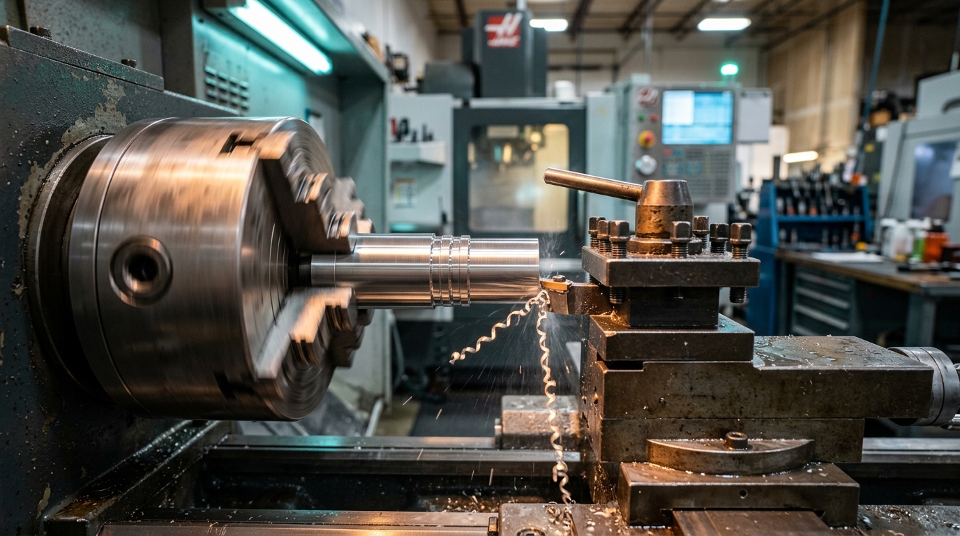 CNC lathe turning a steel shaft