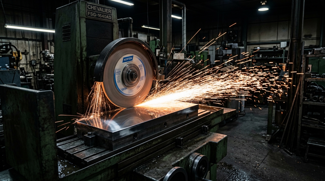 Surface grinding machine throwing sparks