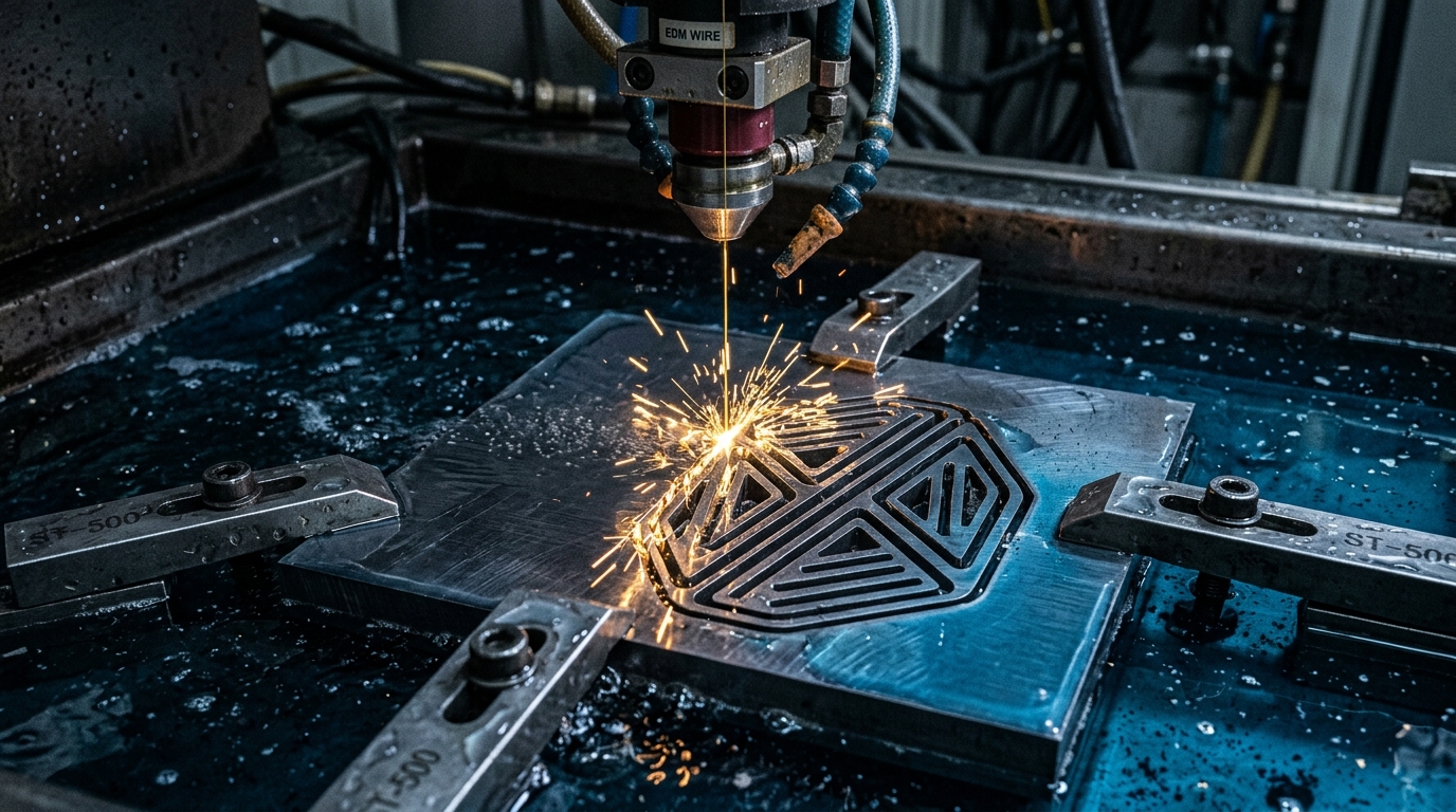 Wire EDM cutting a steel plate